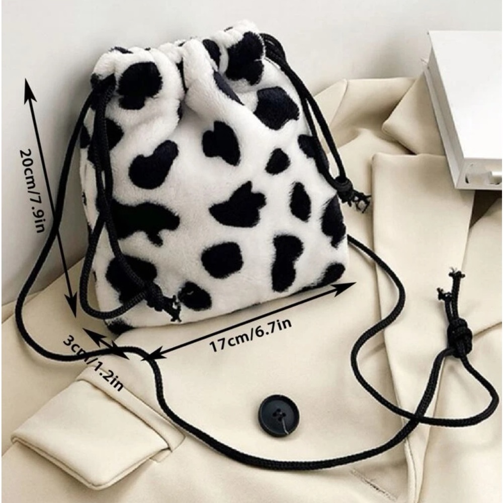 New Faux Fur Medium Cow Print Buttery Soft Handmade Drawstring Crossbody Bag - Picture 8 of 15